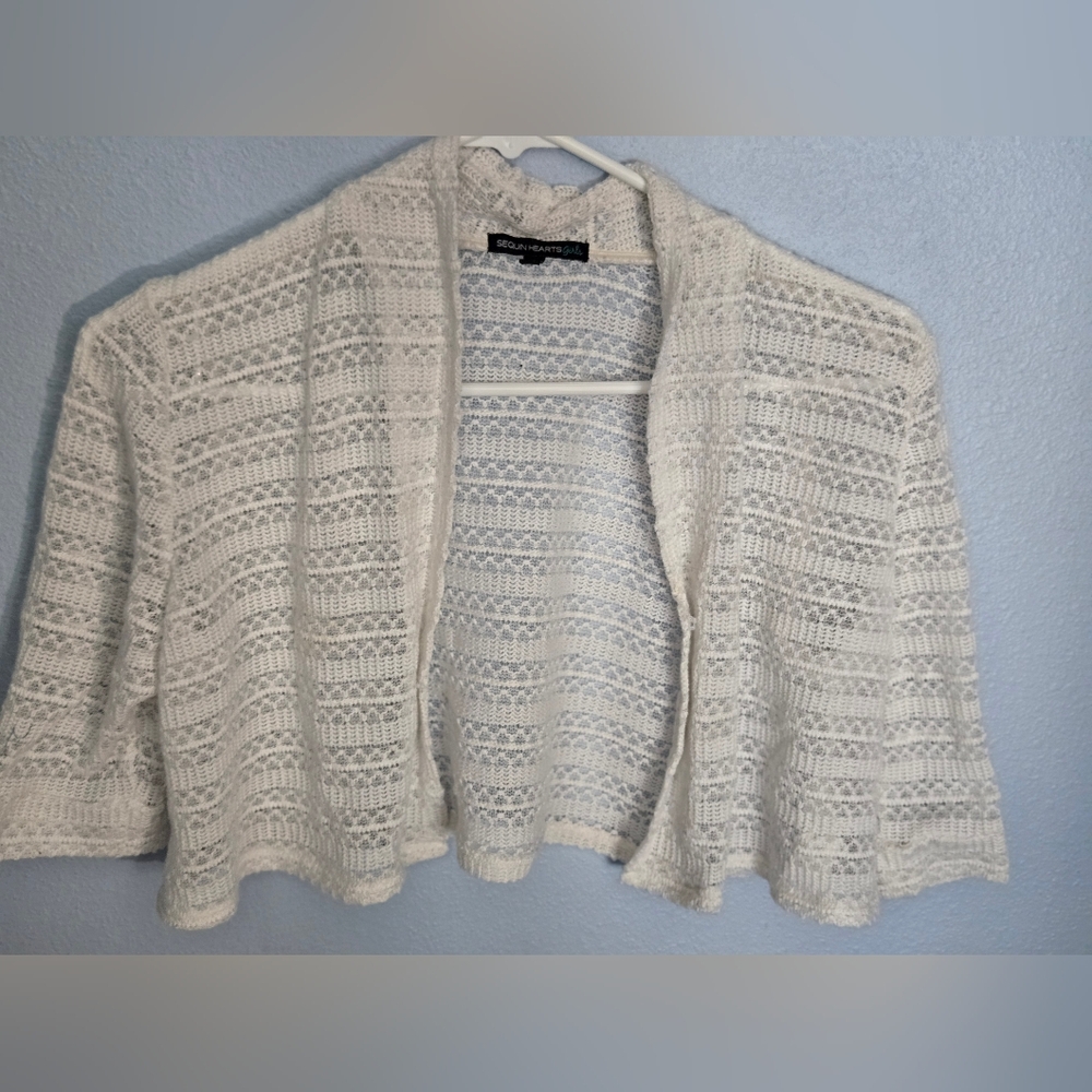 🏖 Sequins Hearts Girls White Knit Open Cardigan XL Fits like 10/12